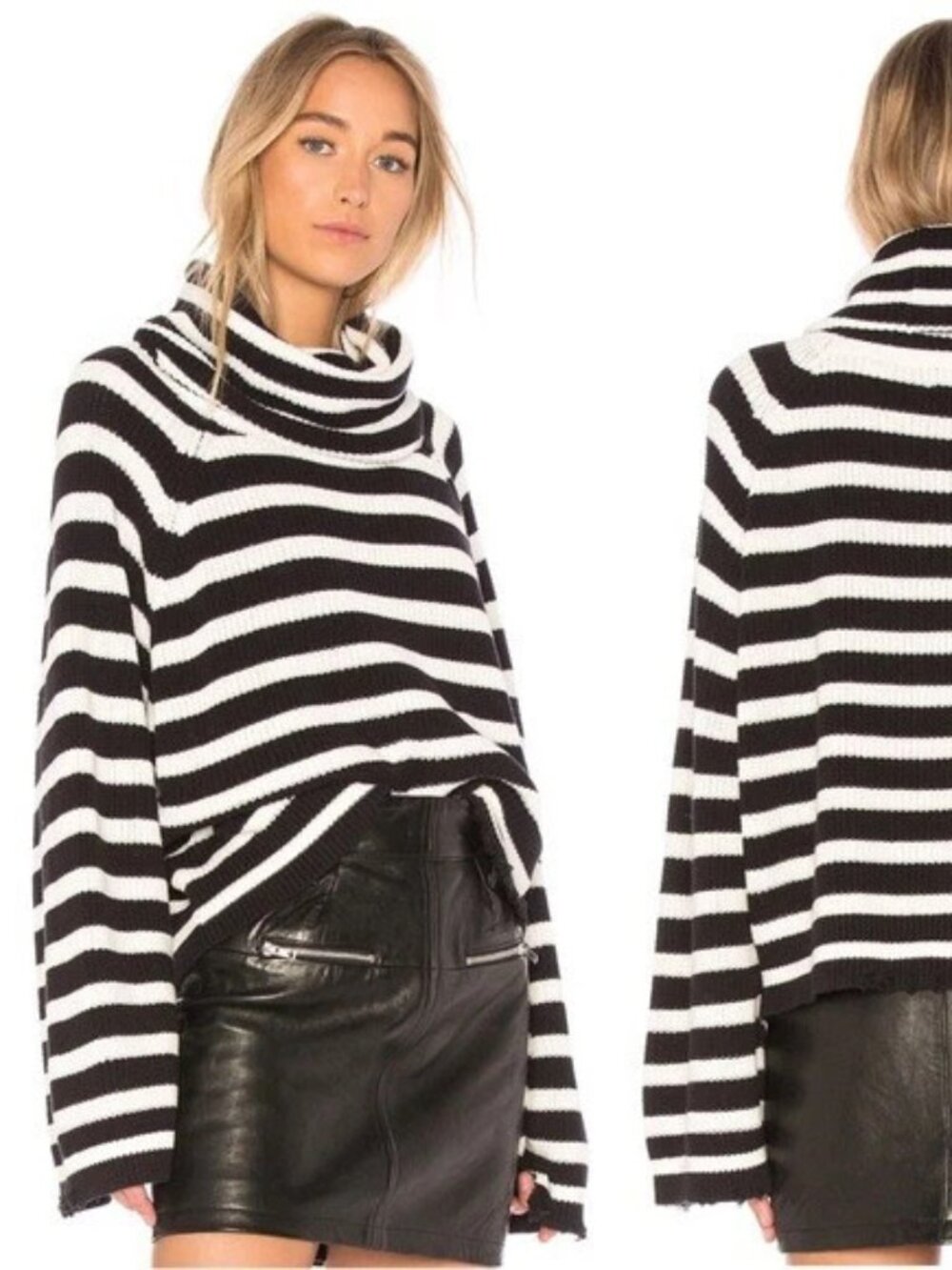 NEW RtA Alexis Black Stripe Fray Cowl Sweater XS